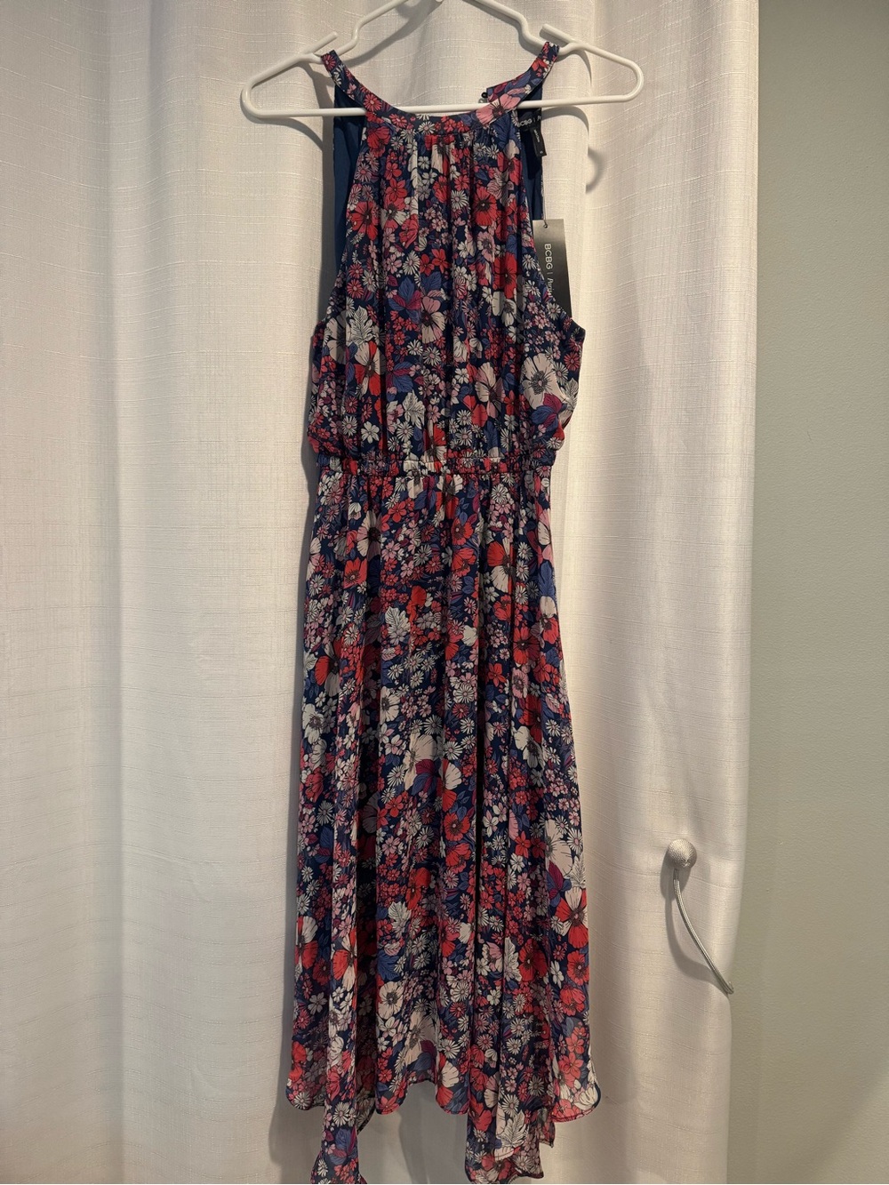 Womans Navy Floral Midi Halter Dress - Pink White & Red Bloom